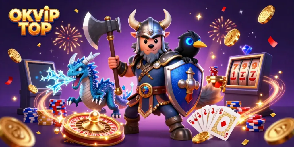 Immerse in the excitement of OKVIP TOP with a dynamic 3D portrayal featuring a Viking wolf warrior, a fierce dragon, and a glowing raven amidst casino elements.