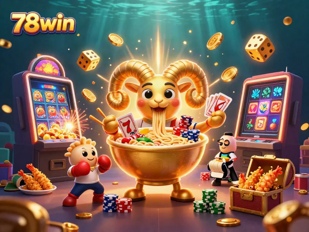 Engaging 3D illustration of 78win, featuring a giant ramen bowl character stacking chips with vibrant casino elements.