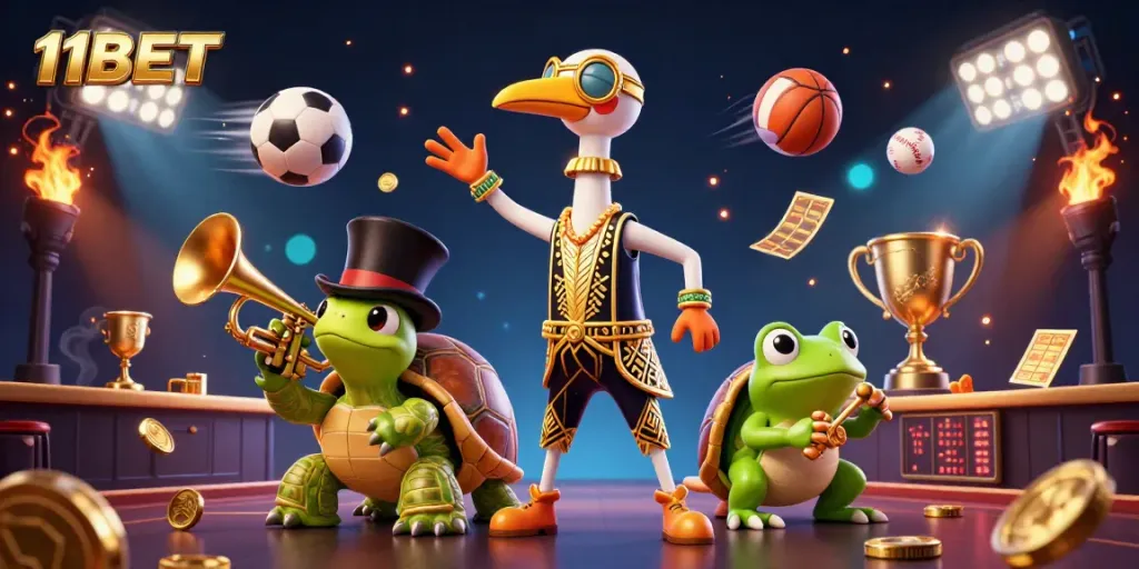 Experience thrilling 11BET action with dynamic characters and rich casino elements in a vibrant illustration.