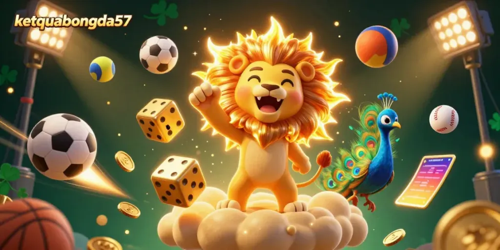 Watch the action unfold at ketquabongda57 with dynamic sports balls and a triumphant lion on a vibrant platform.