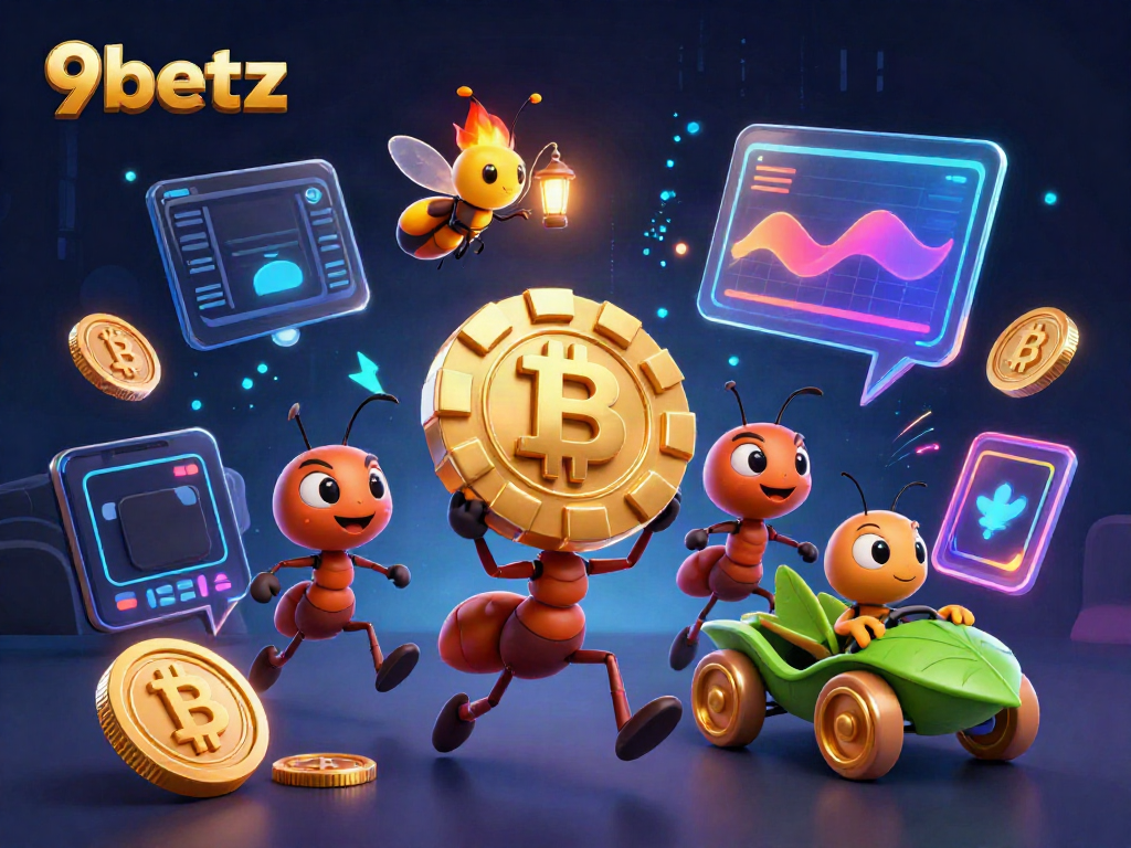 Experience thrilling gameplay with 9betz as ants pull a massive golden poker chip, surrounded by crypto elements.