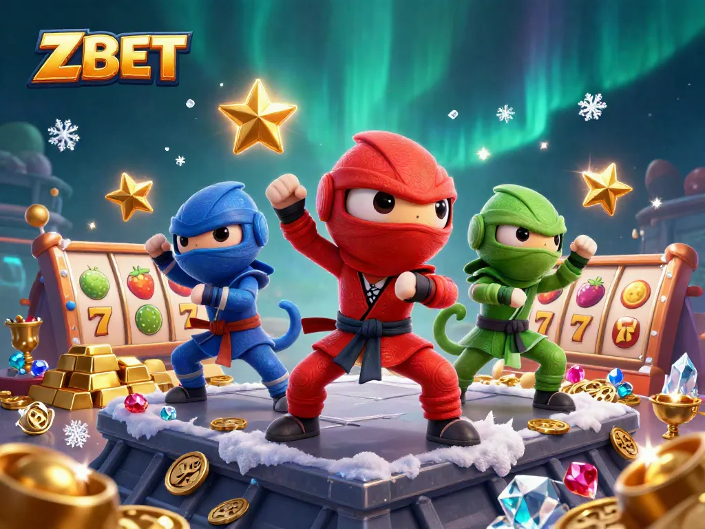 ZBET showcases thrilling action with ninja chameleon characters amidst golden treasures and slot elements.