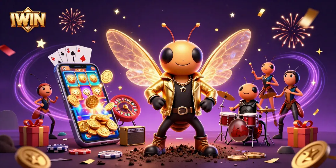 IWIN-themed illustration showcasing a vibrant casino atmosphere with cartoon characters and gaming elements.