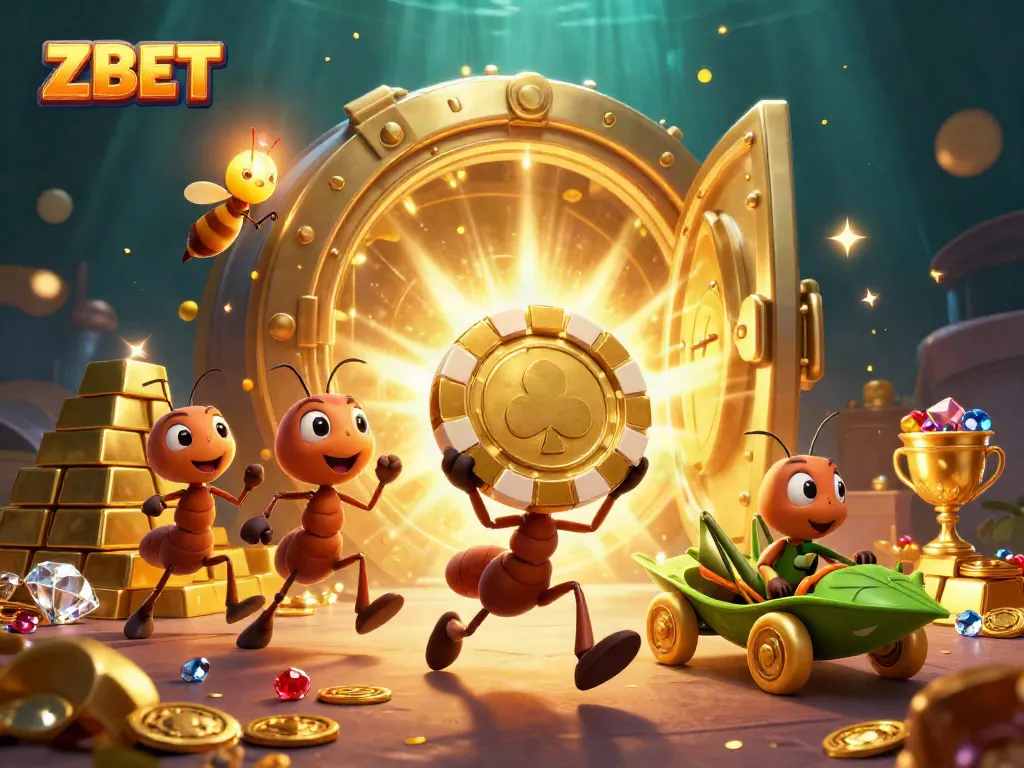 ZBET showcases a heist scene with ants carrying a giant poker chip through a treasure vault adventure.
