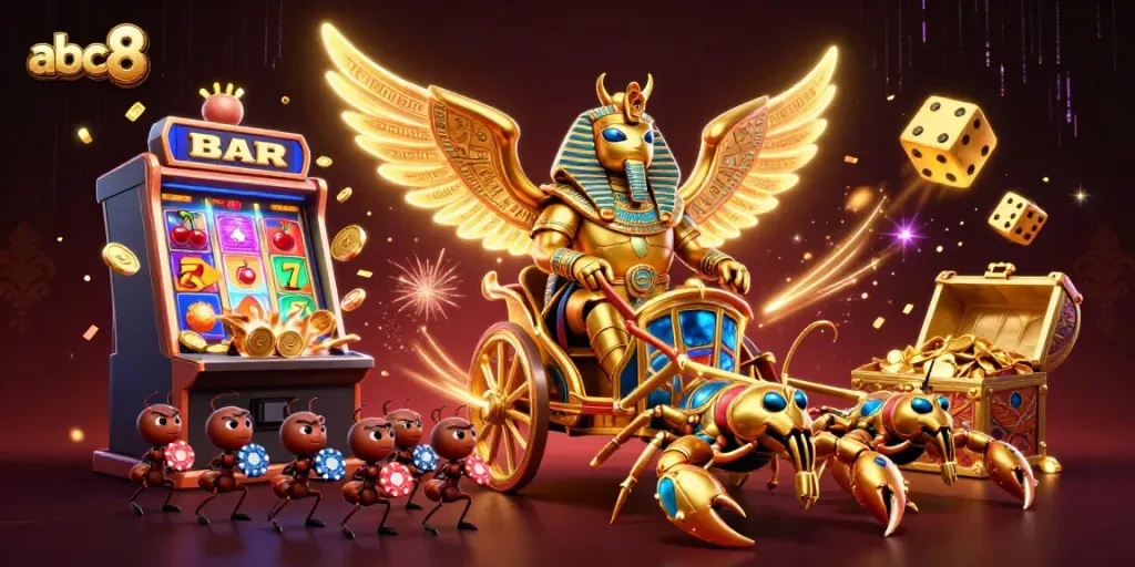 Engage in thrilling casino action with abc8 as golden scarabs ride chariots amidst explosive jackpots and glowing games.