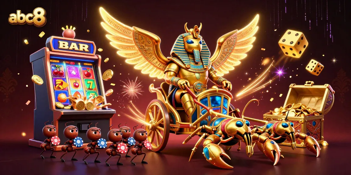 Engage in thrilling casino action with abc8 as golden scarabs ride chariots amidst explosive jackpots and glowing games.