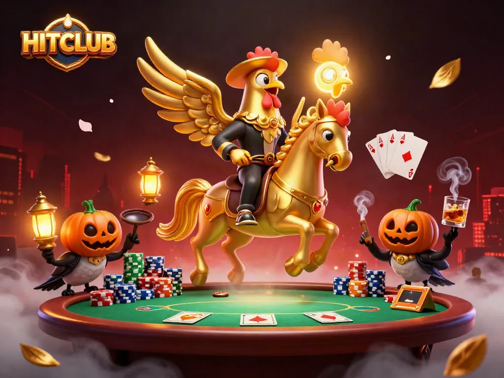 Join HITCLUB's thrilling gambling scene as golden rooster rides through a vibrant casino.