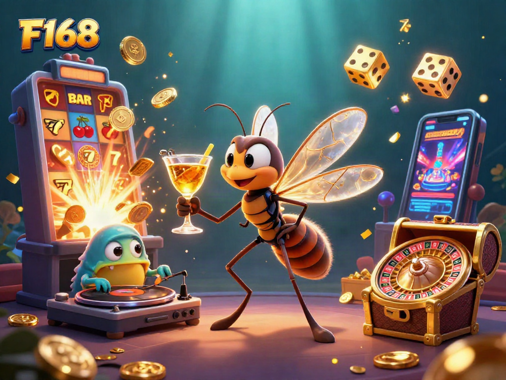 Experience the thrilling F168 casino scene with a lively mosquito mascot, trilobite DJ, and vibrant gaming elements.