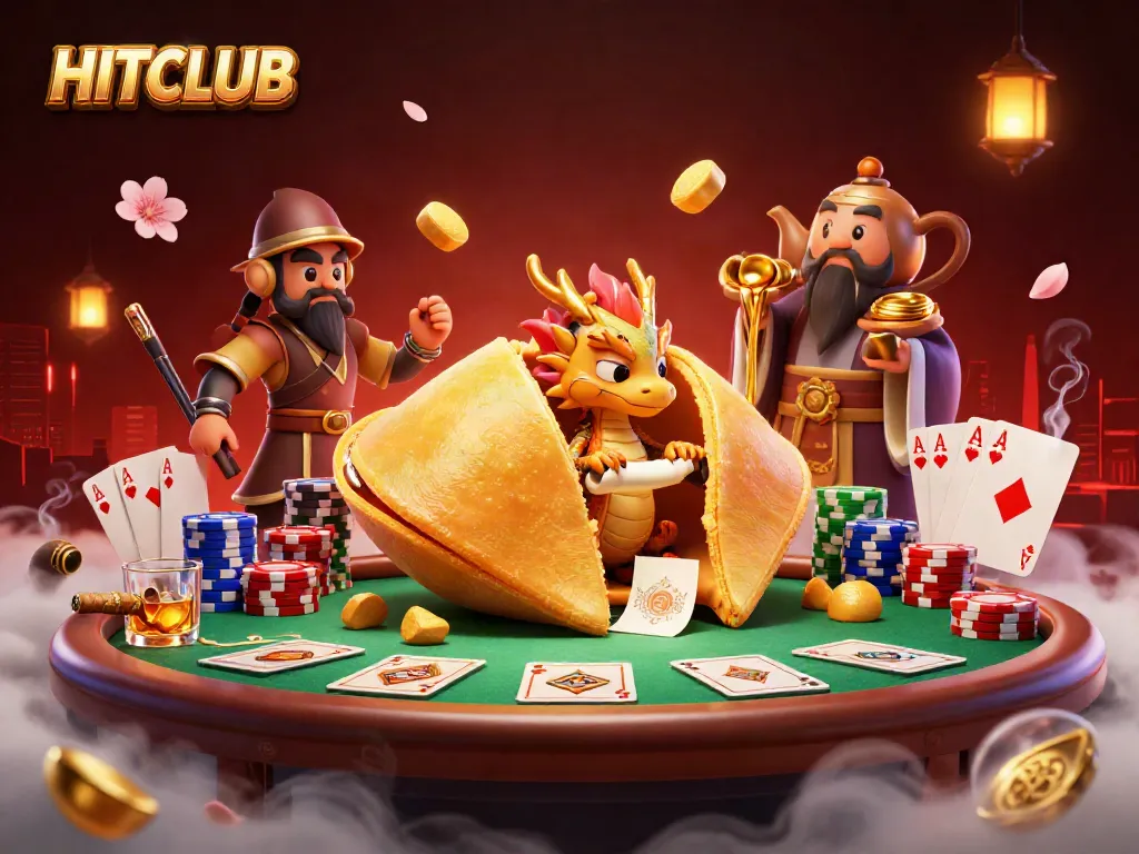 HITCLUB showcases a vibrant 3D casino scene with golden fortune cookie characters and poker elements.