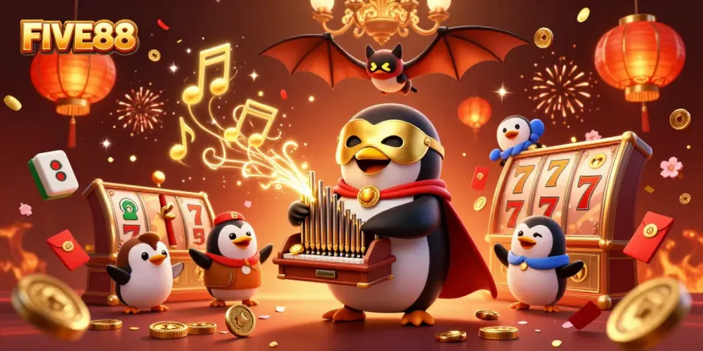 Experience the excitement at FIVE88 Casino with a vibrant 3D scene featuring animated characters and casino elements.