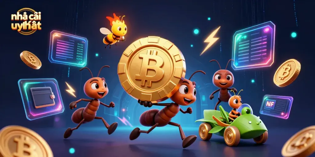 Ants executing a heist with a golden poker chip, symbolizing nhà cái uy tín and excitement in gambling.
