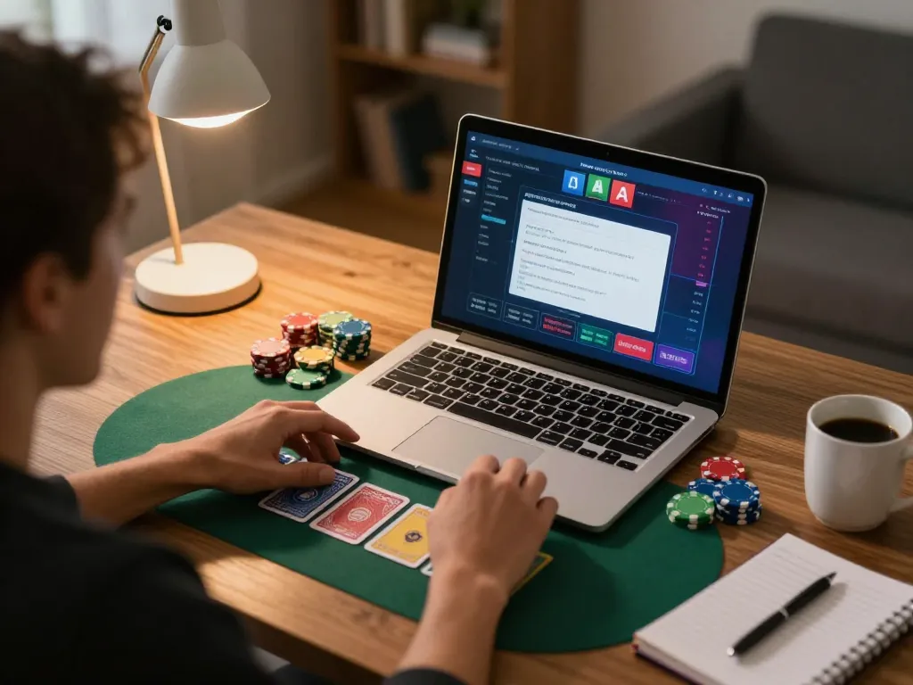 Person enjoying online poker on mm88star platform with vibrant cards and chips, cozy atmosphere