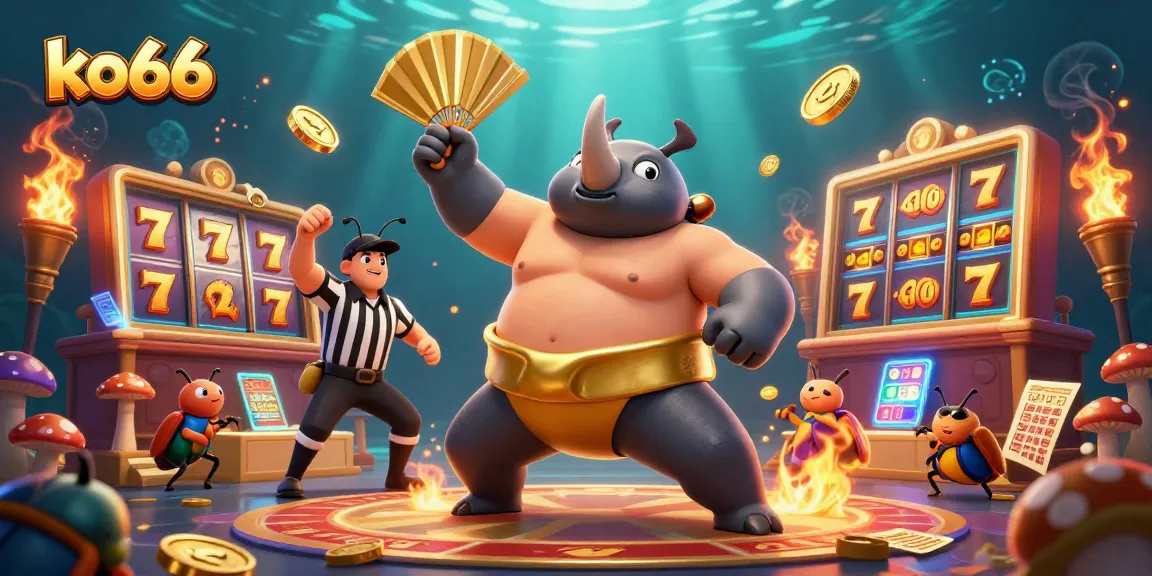 Experience the excitement at ko66 with a lively sumo champion beetle amid rich casino elements.