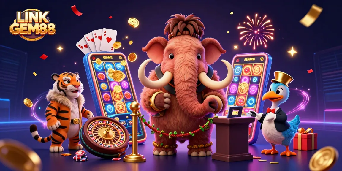 Experience LINK GEM88 with vibrant casino characters celebrating in a dynamic 3D illustration.