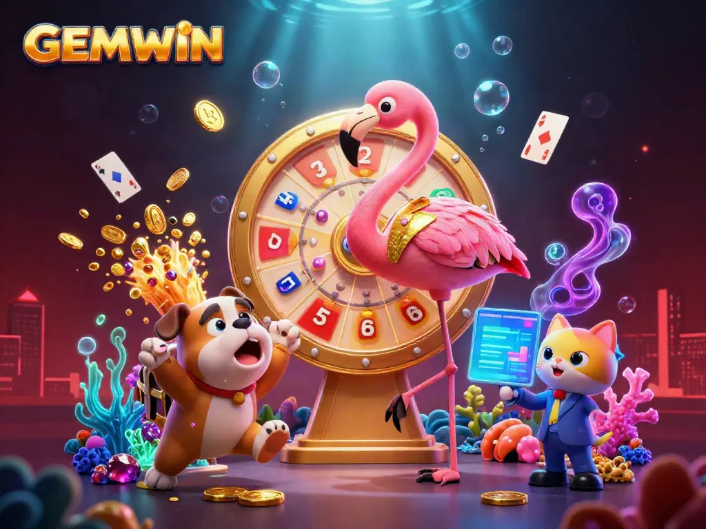 Experience excitement at GEMWIN with a colorful 3D digital casino scene featuring vibrant characters and jackpot elements.