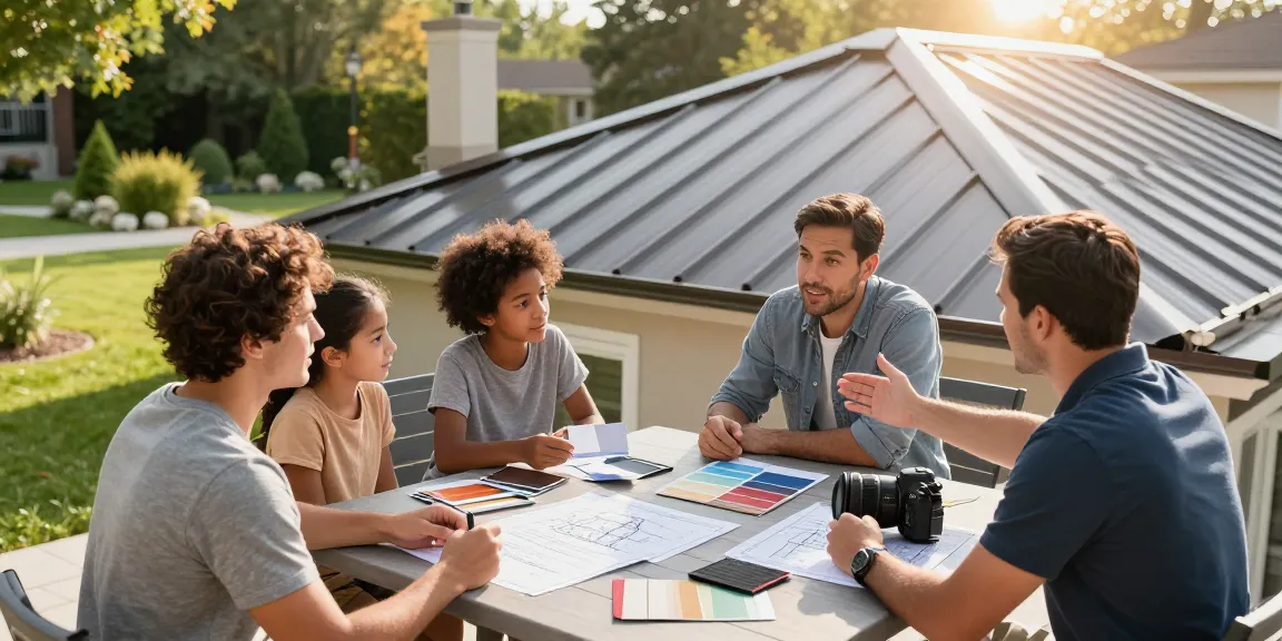 Homeowners consulting a metal roofing contractor Mississauga with options for durable roofing solutions.
