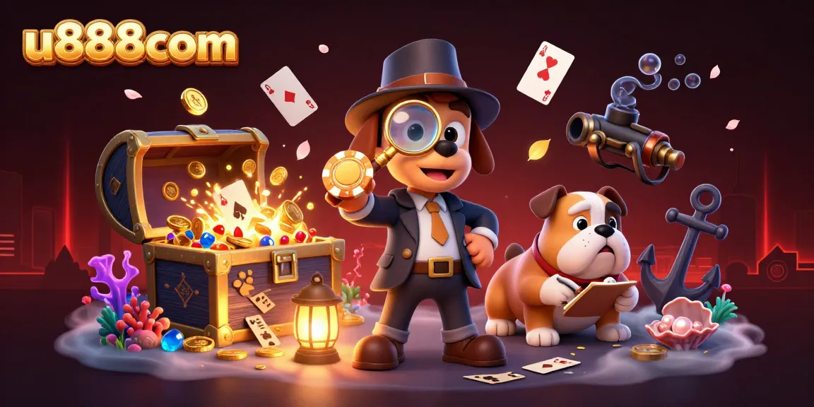 Engage in thrilling gameplay at u888com, featuring a detective exploring clues, gold coins, and vibrant game elements.