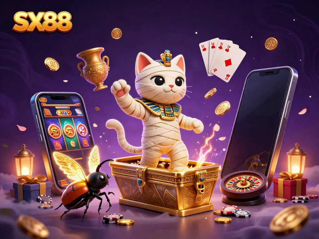 SX88 offers a thrilling casino experience with a cartoon Egyptian mummy and glowing scarab amidst dynamic gaming elements.