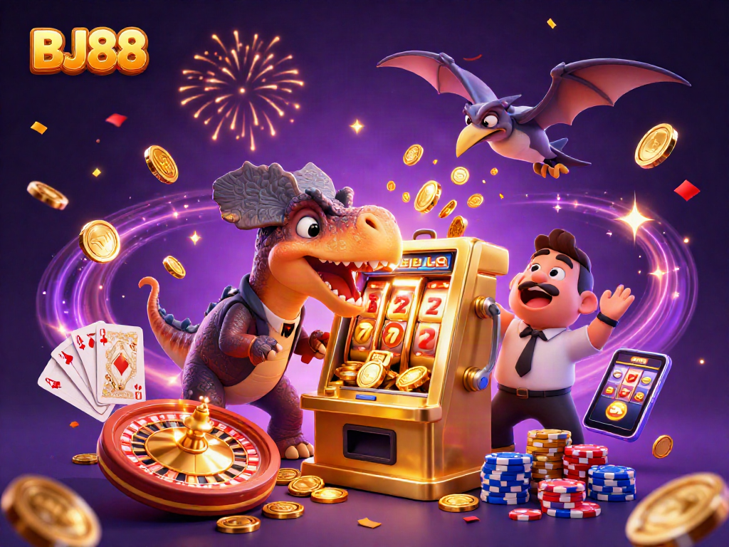 BJ88 launches jackpot excitement with a dinosaur-themed casino scene showered in coins and festive elements.