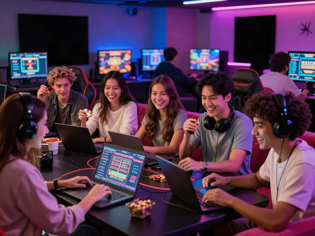 Friends enjoying gaming at https://du88az.net/ in a vibrant lounge setting.