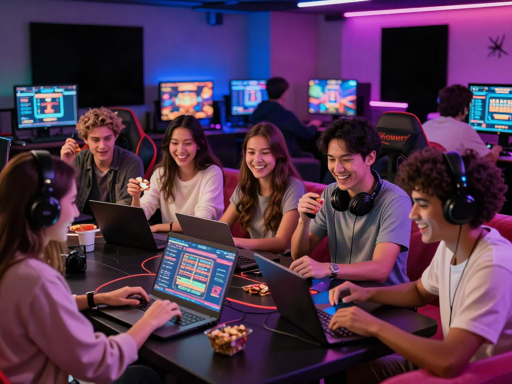 Friends enjoying gaming at https://du88az.net/ in a vibrant lounge setting.