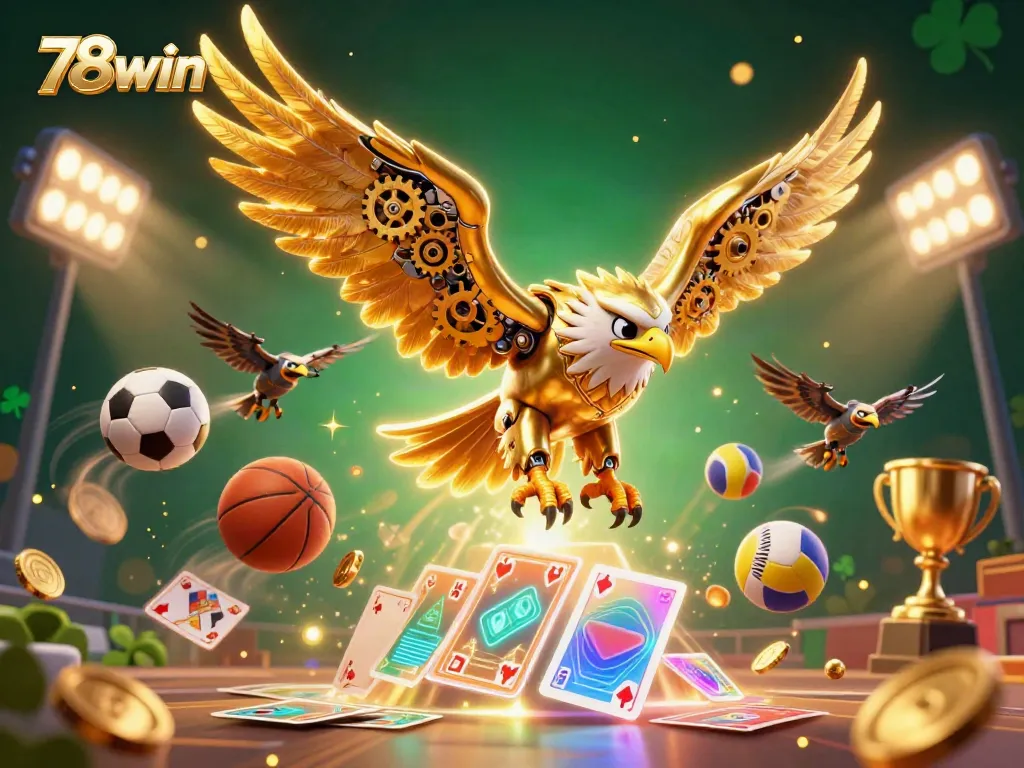 Experience thrilling gaming at 78win with a cybernetic eagle and dynamic sports elements.