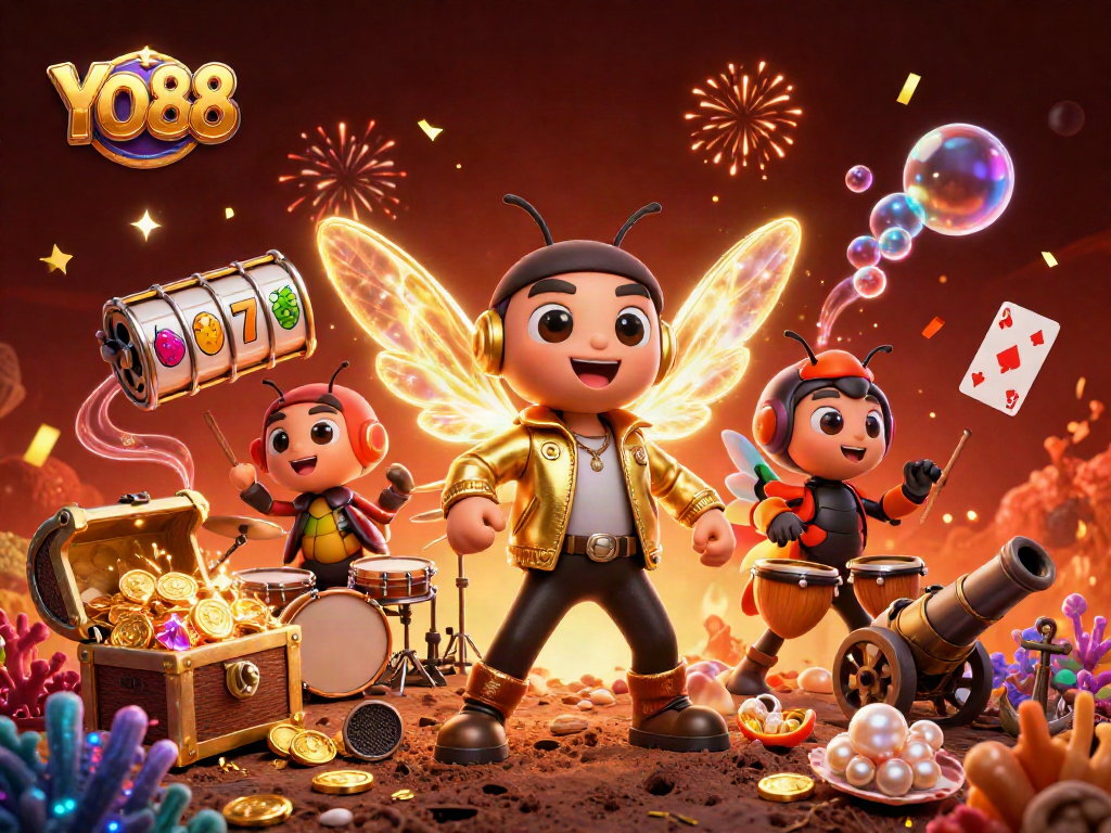 Experience the excitement of YO88 with a vibrant 3D illustration of a casino scene featuring characters and gaming elements.
