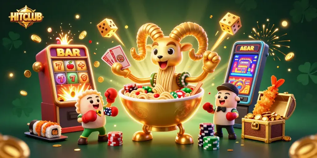 Experience HITCLUB excitement with a dynamic casino scene of golden ramen bowl dealers and jackpot wins.