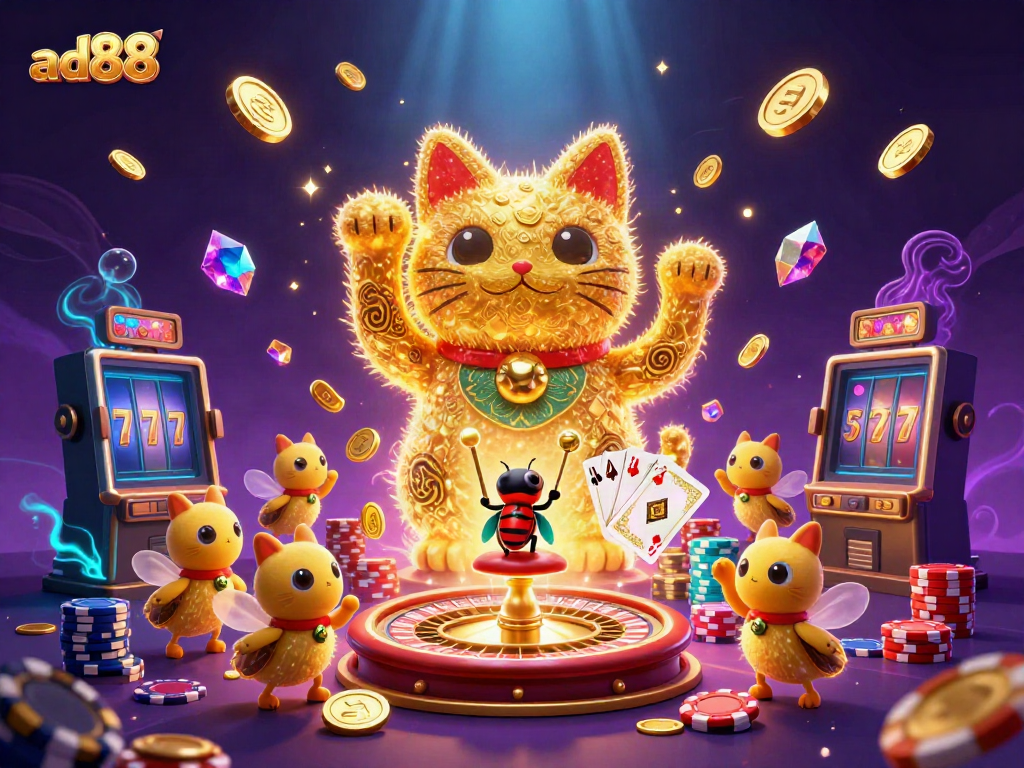 Engage with ad88's vibrant casino experience, featuring a lucky cat and sparkling treasures.