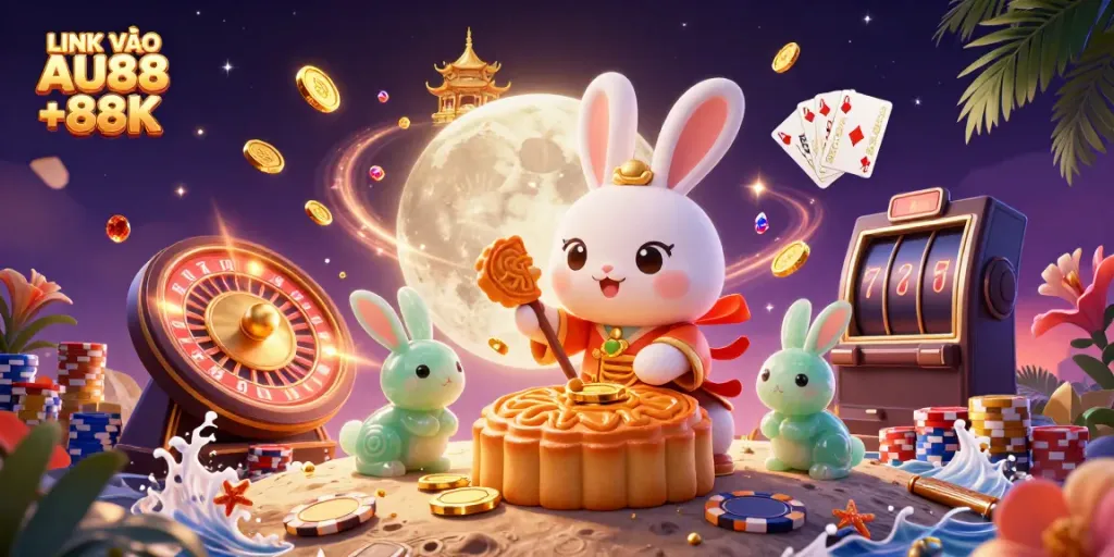 Engage in thrilling slots with LINK VÀO AU88 +88K featuring dynamic moon rabbit characters and casino elements.