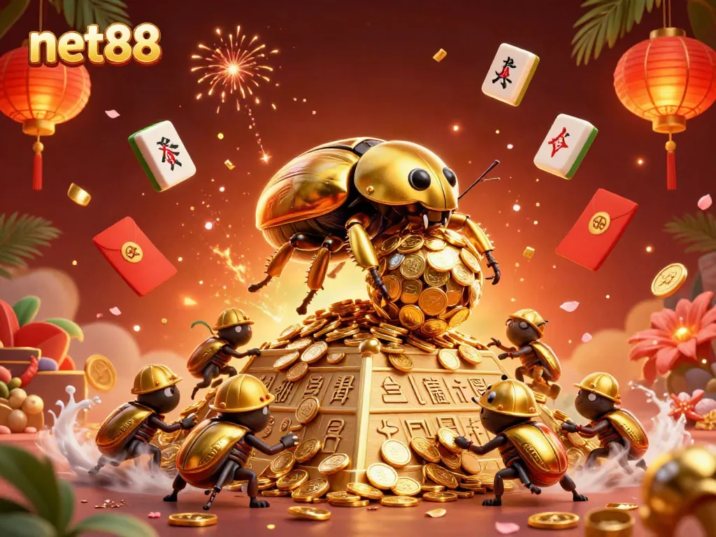 Experience excitement at net88 with vibrant casino symbols and dynamic golden beetles in action.