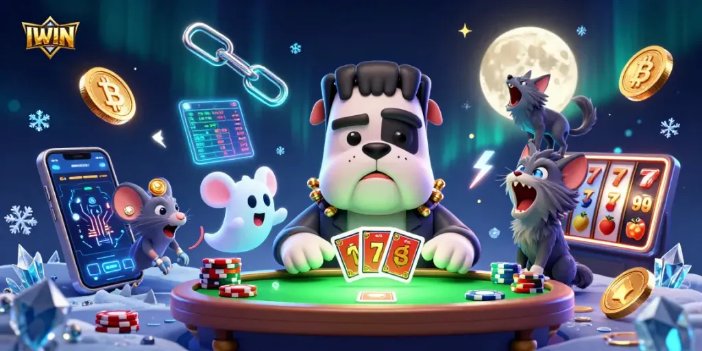 Engage with IWIN as a quirky bulldog monster deals cards amidst glowing crypto coins and spooky elements.