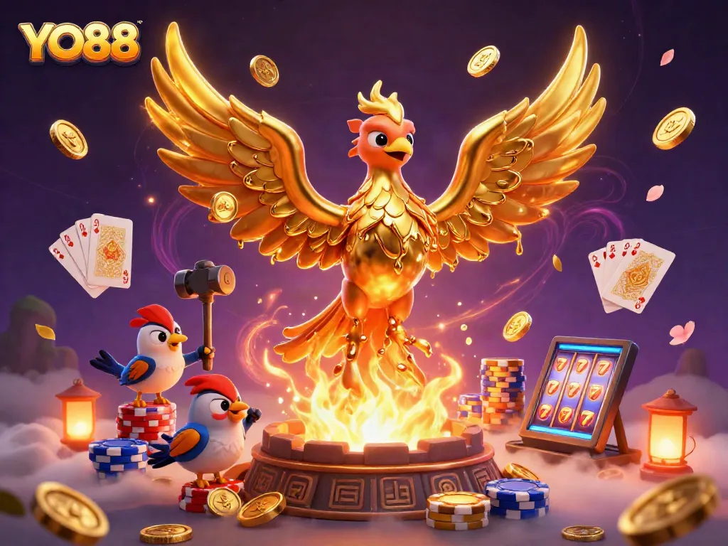 Engage with YO88's thrilling casino experience featuring a vibrant phoenix, spinning roulette, and golden treasures.