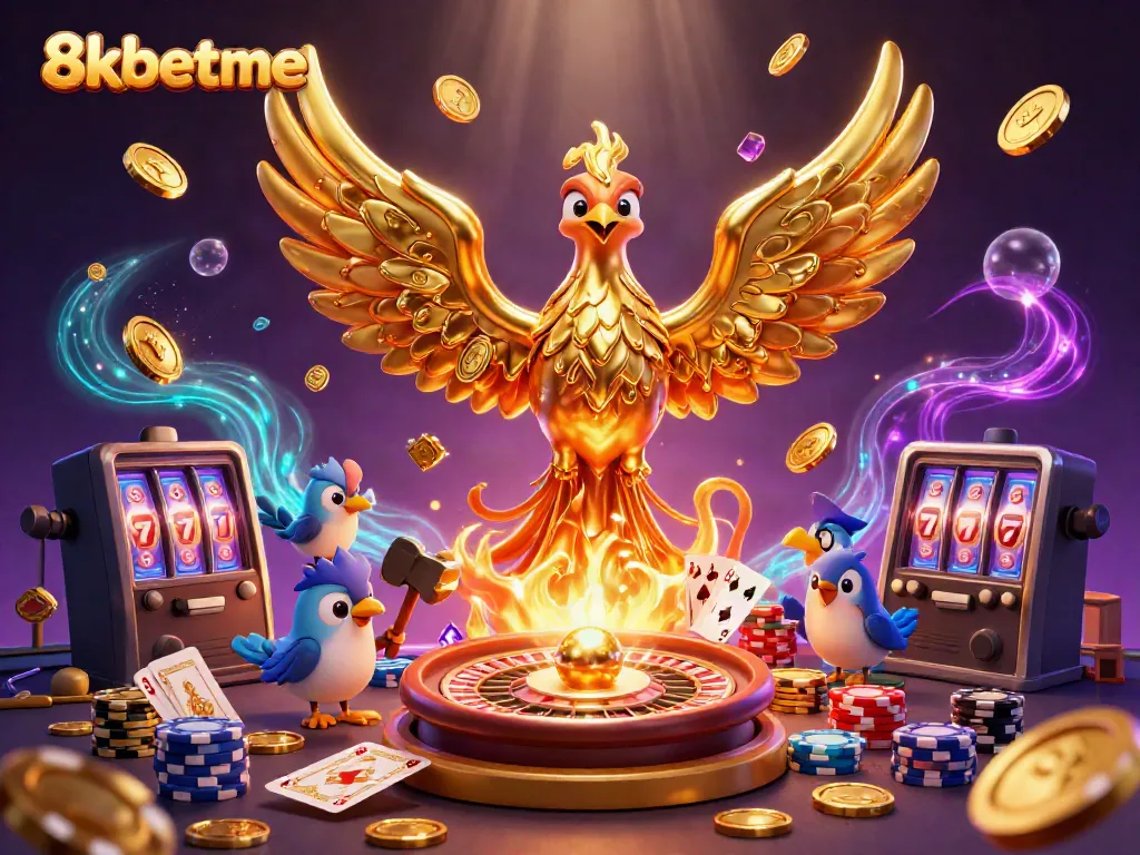 Engage with 8xbetme's vibrant casino scene featuring a golden phoenix and dynamic casino elements.