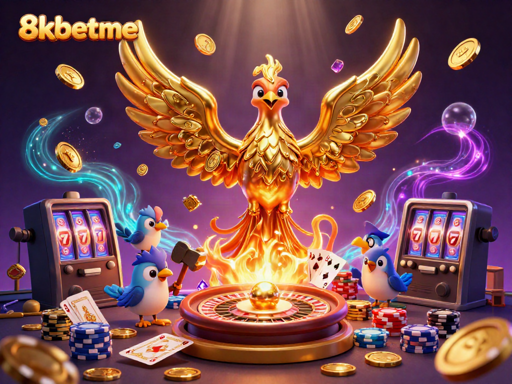 Engage with 8xbetme's vibrant casino scene featuring a golden phoenix and dynamic casino elements.
