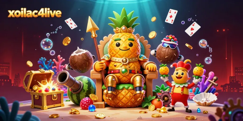 Experience the vibrant energy of xoilac4live with dynamic gaming elements, featuring a golden pineapple king in a lively casino scene.