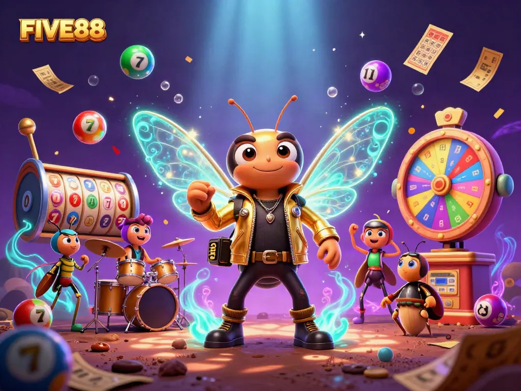 Join the excitement with FIVE88 as the cicada rock star leads the jackpot celebration, filled with vibrant games.