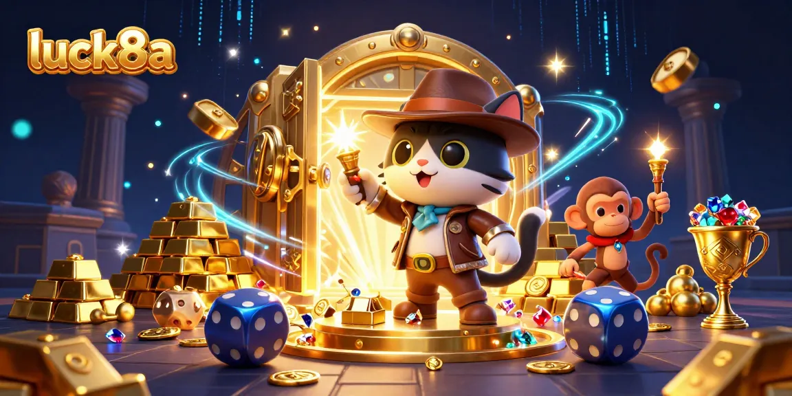Explore luck8a's vibrant casino realm with a cat archaeologist discovering treasures in this rich 3D illustration.
