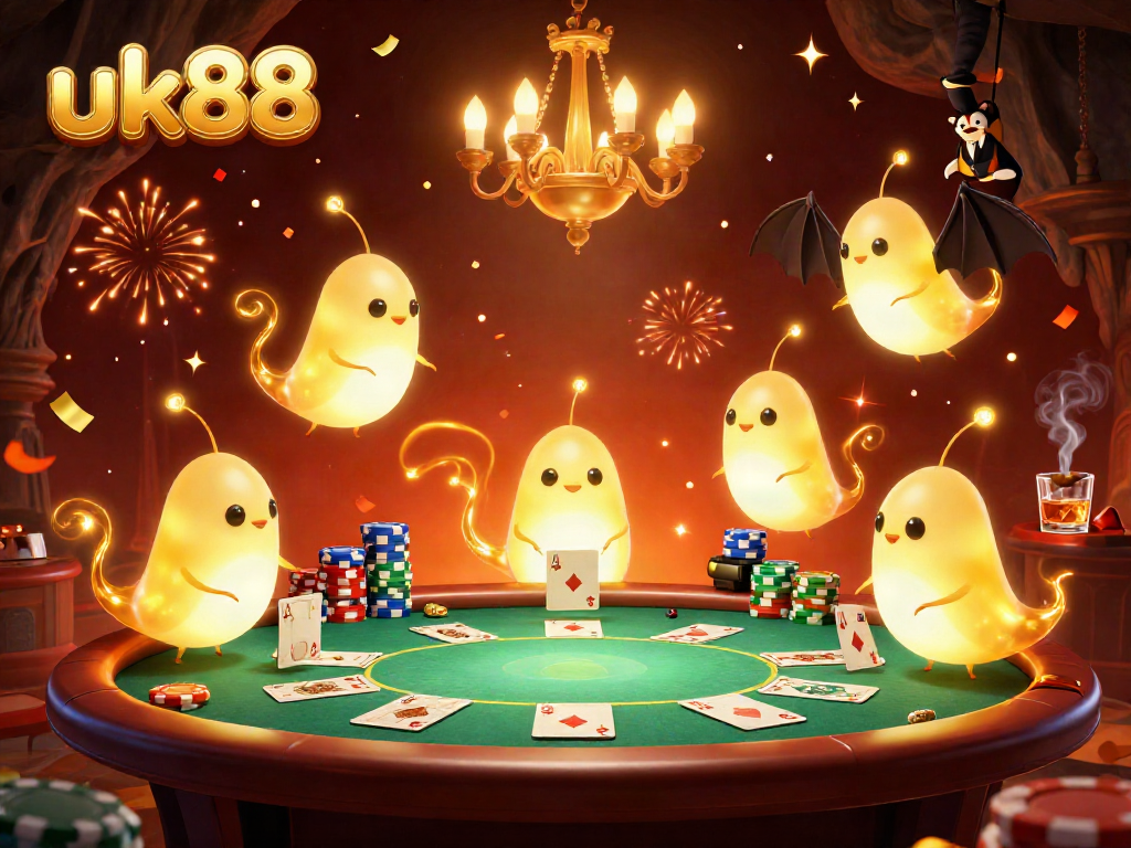 Experience the excitement at uk88 casino with glowing cartoon characters lighting up the table during a vibrant poker game.