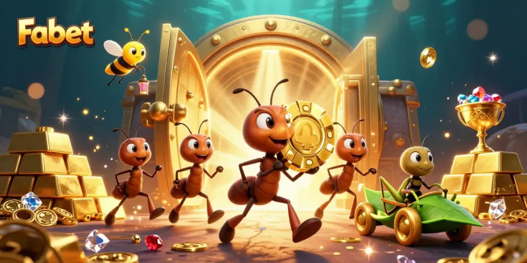 Engage with Fabet's thrilling adventure featuring ants heisting a giant golden poker chip in an undersea scene.