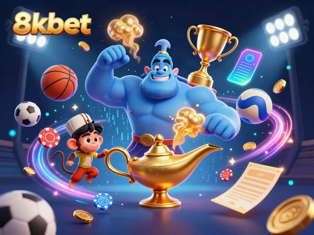 Play exciting games with 8xbet, featuring a vibrant scene of a blue genie, poker chips, and sports balls.