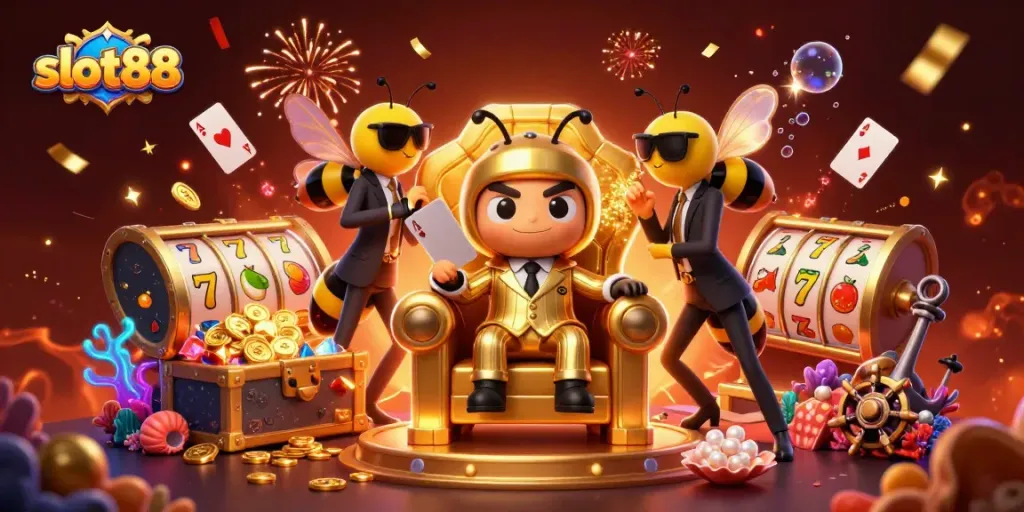 Engage with slot88 in a vibrant 3D casino scene featuring a bumblebee mob boss and slot elements.