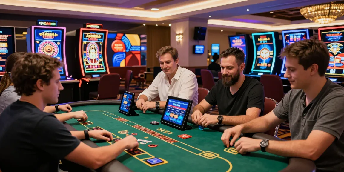 Atmosfera emozionante in un casinò non AAMS con giocatori diversi che si divertono con giochi, schermi luminosi e promozioni dinamiche.