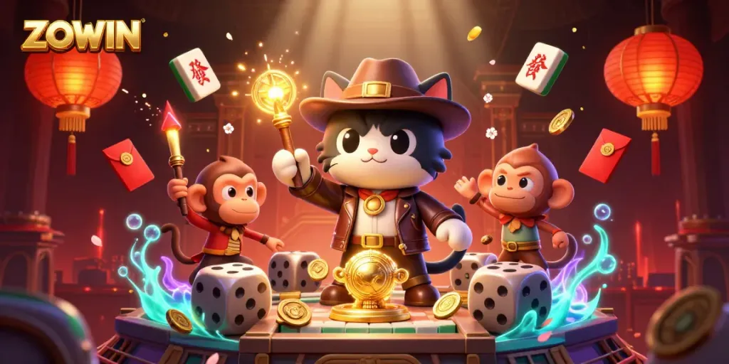 ZOWIN players engage in thrilling moments discovering golden artifacts in a vibrant casino scene