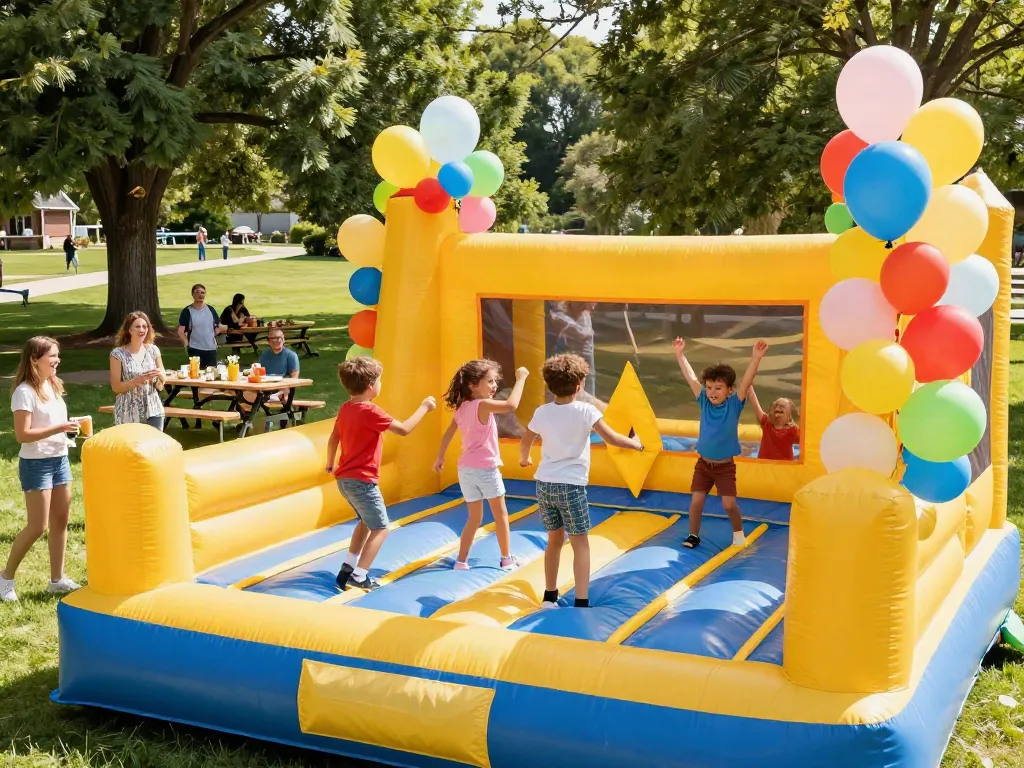 Children enjoying a bounce house at a lively birthday party in an outdoor park.