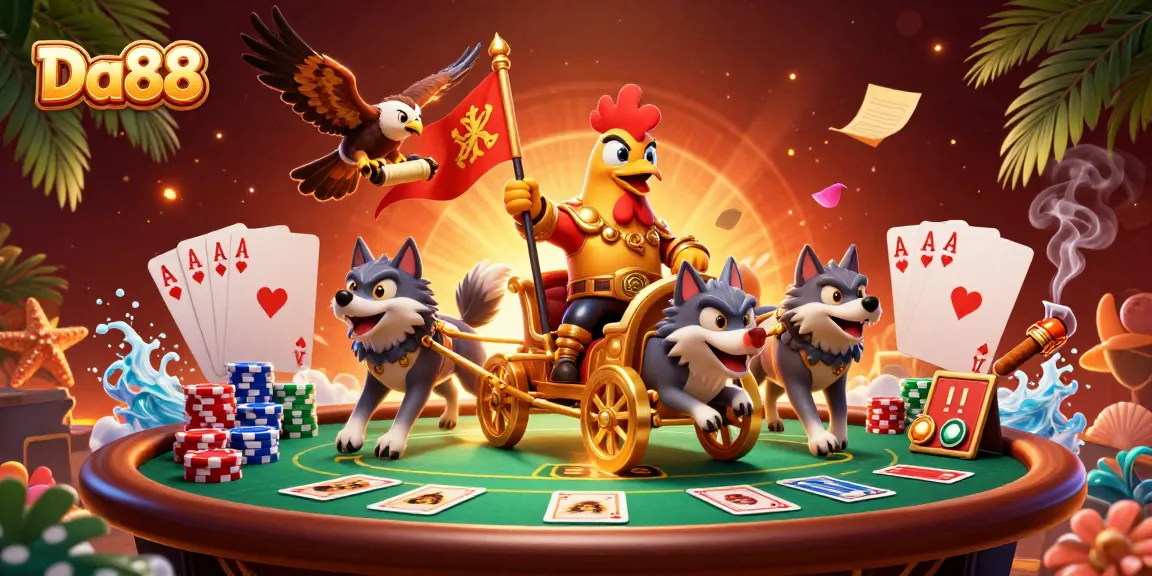 Engage in thrilling gameplay at Da88 with a dynamic casino illustration showcasing poker action.