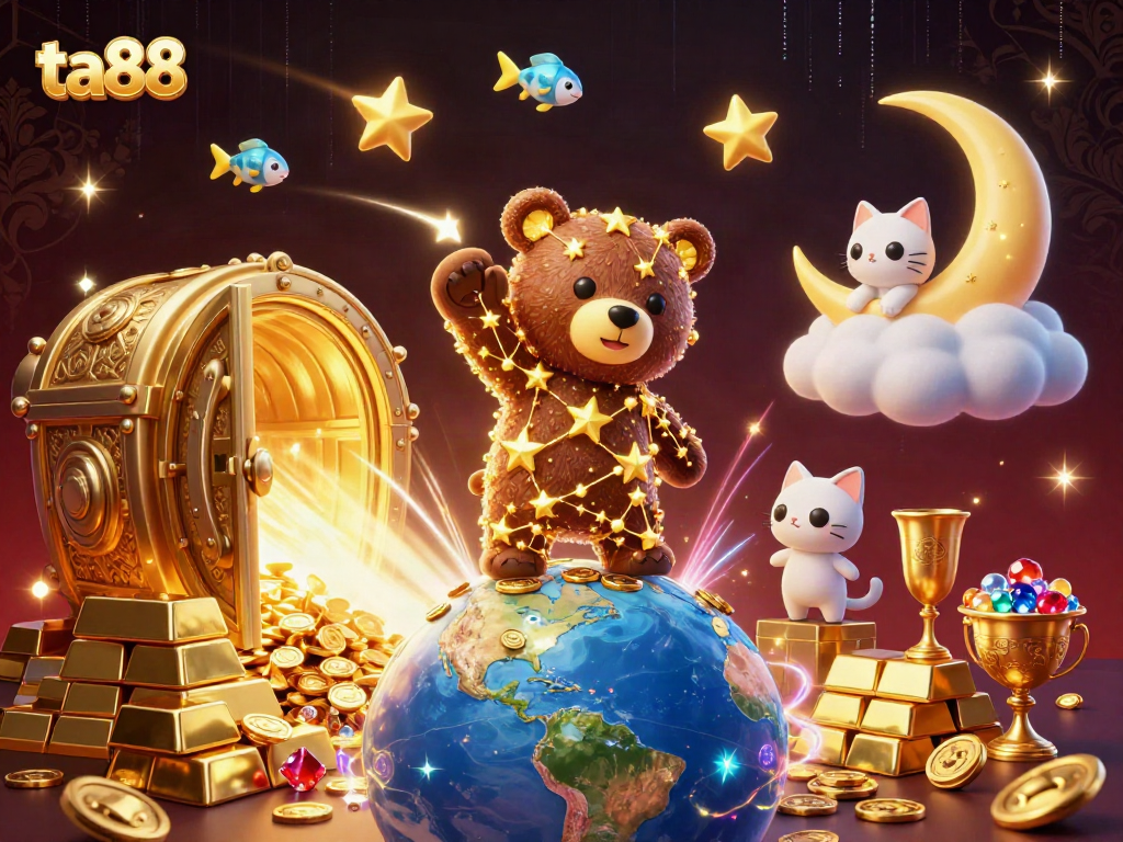 Experience thrilling jackpots with ta88, featuring animated characters amidst treasures in a vibrant casino atmosphere.