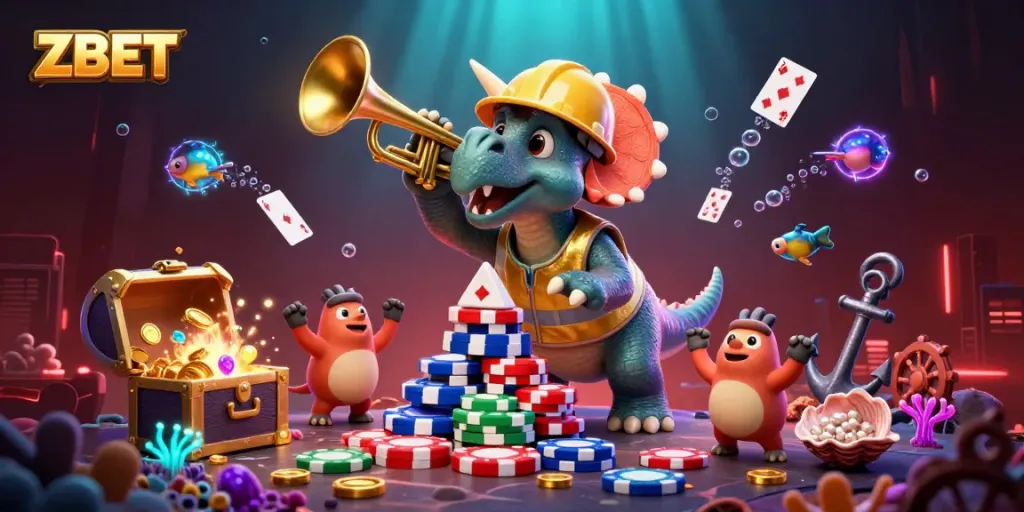ZBET brings excitement with a triceratops building poker chips in a vibrant 3D casino scene.