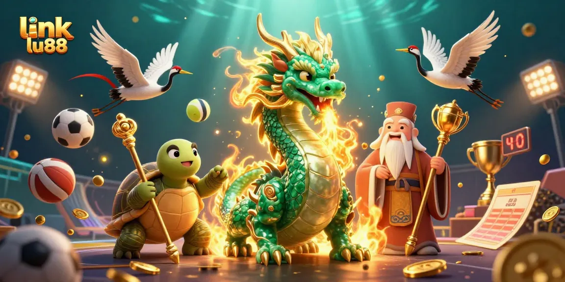 Bet on exciting games with link lu88, featuring captivating visuals of a dragon, turtle sage, and lucky cranes.