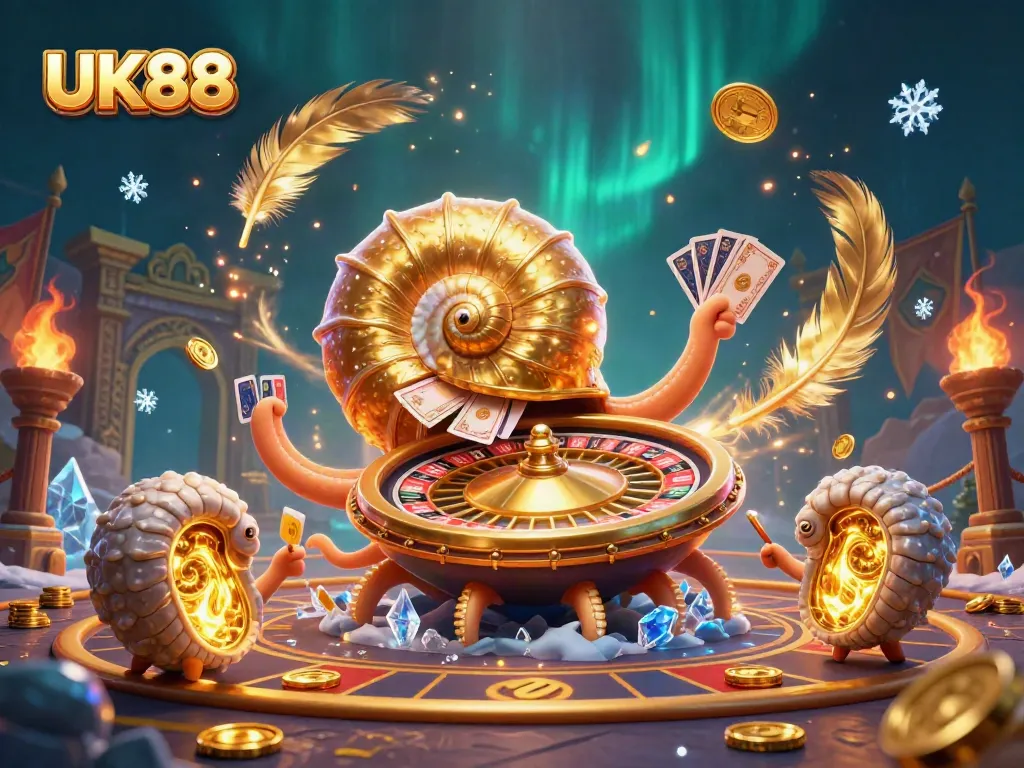 Engage with the captivating world of UK88 casino games featuring a dynamic scene of nautilus, cards, and swirling gold tokens.